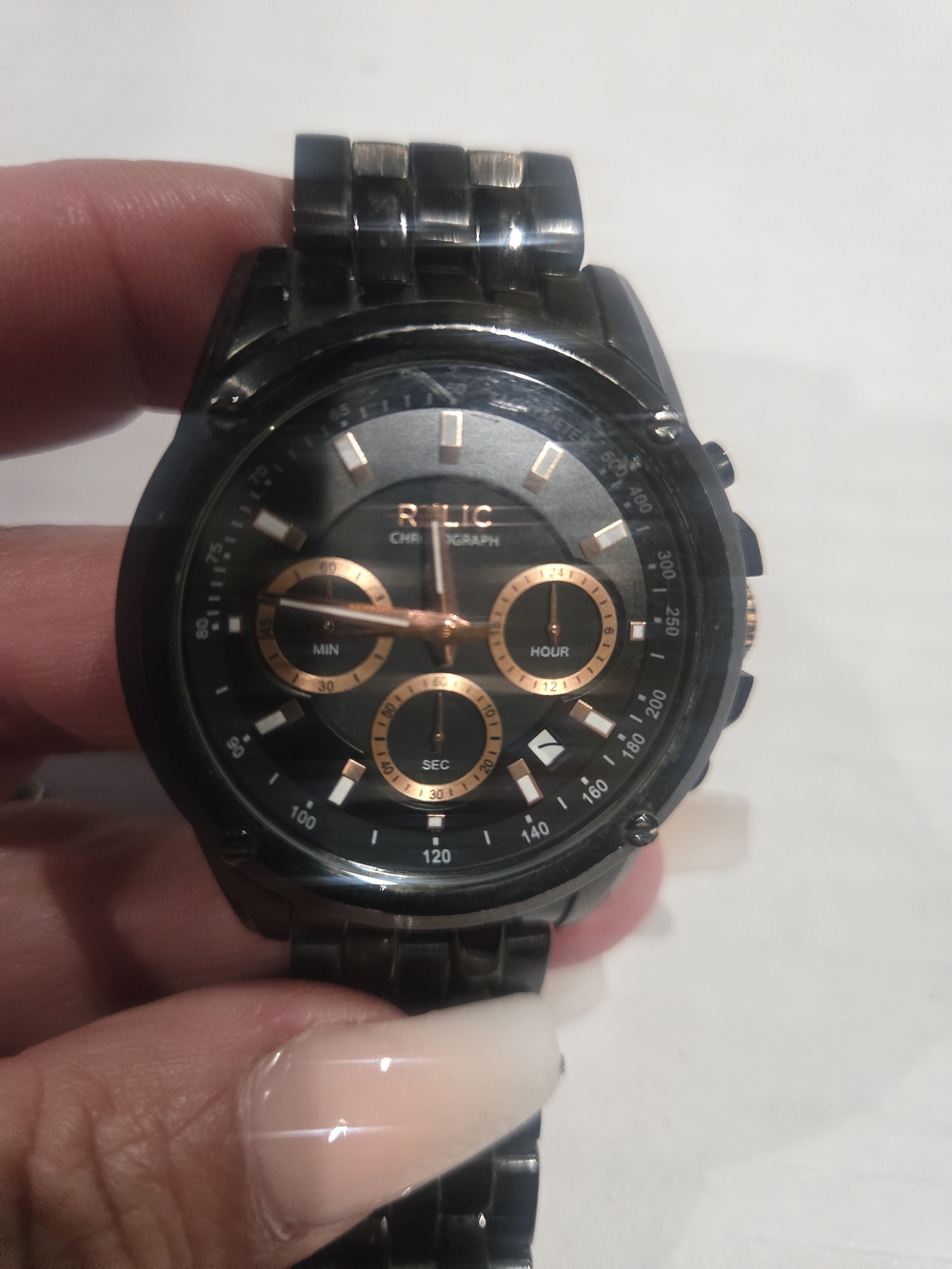 Relic Men's Black and Rose Gold Chronograph Watch